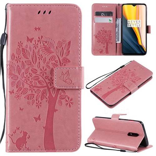 Embossing Butterfly Tree Leather Wallet Case for OnePlus 6T - Pink