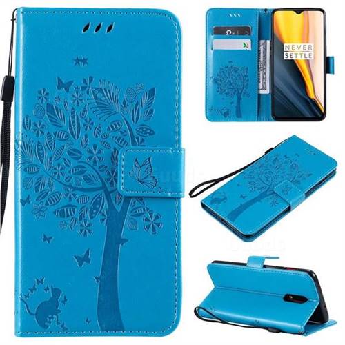 Embossing Butterfly Tree Leather Wallet Case for OnePlus 6T - Blue