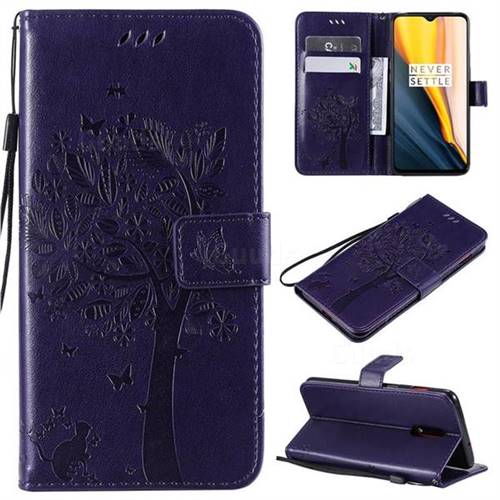 Embossing Butterfly Tree Leather Wallet Case for OnePlus 6T - Purple