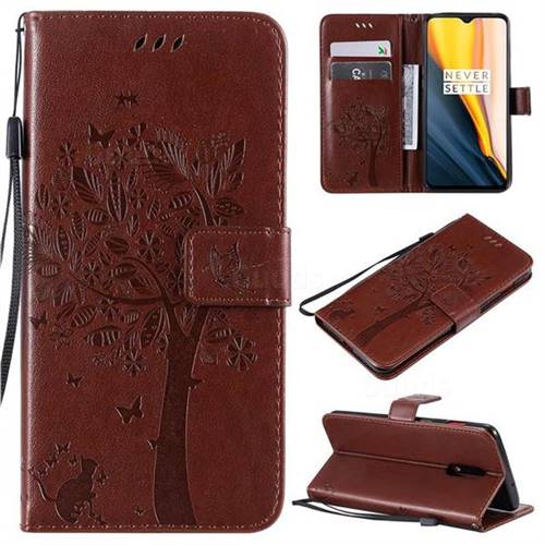 Embossing Butterfly Tree Leather Wallet Case for OnePlus 6T - Coffee