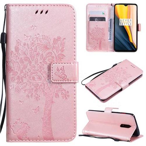 Embossing Butterfly Tree Leather Wallet Case for OnePlus 6T - Rose Pink