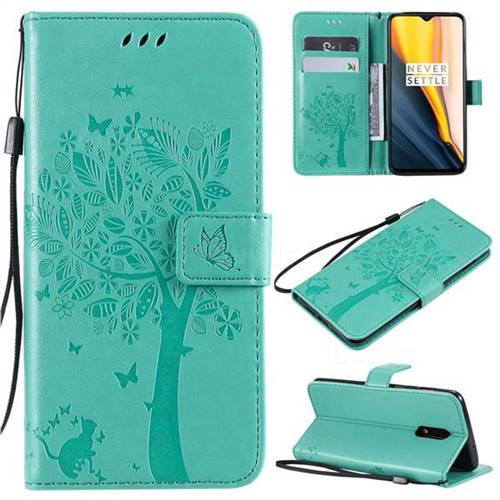 Embossing Butterfly Tree Leather Wallet Case for OnePlus 6T - Cyan