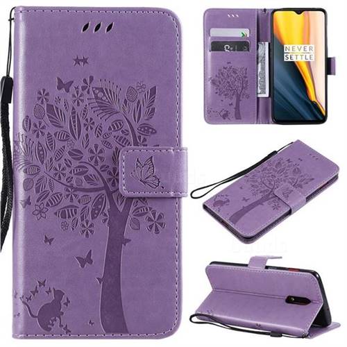 Embossing Butterfly Tree Leather Wallet Case for OnePlus 6T - Violet