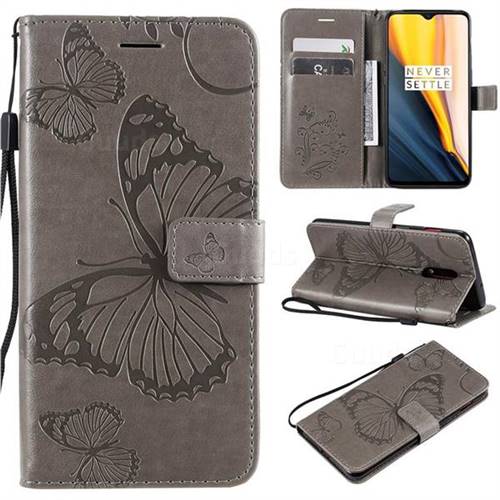 Embossing 3D Butterfly Leather Wallet Case for OnePlus 6T - Gray