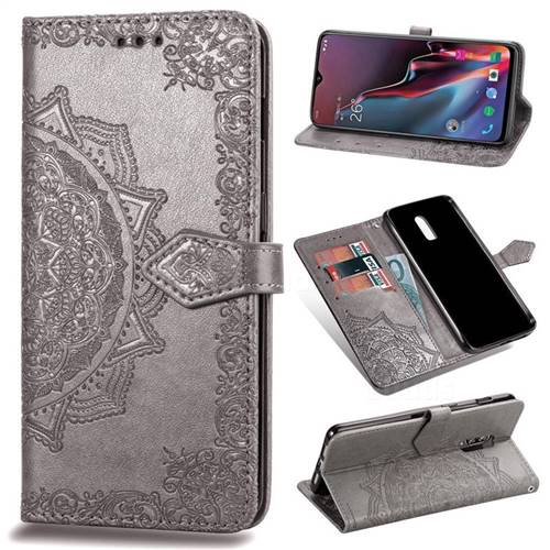 Embossing Imprint Mandala Flower Leather Wallet Case for OnePlus 6T - Gray