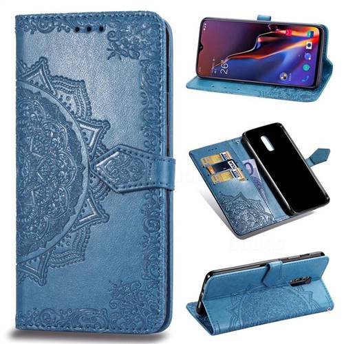 Embossing Imprint Mandala Flower Leather Wallet Case for OnePlus 6T - Blue