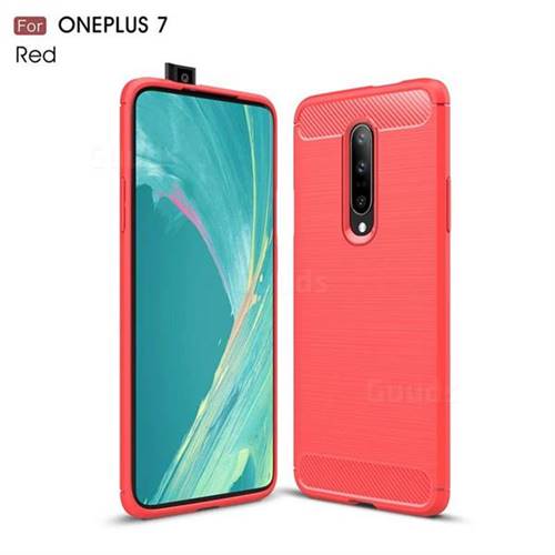 Luxury Carbon Fiber Brushed Wire Drawing Silicone TPU Back Cover for OnePlus 7 - Red