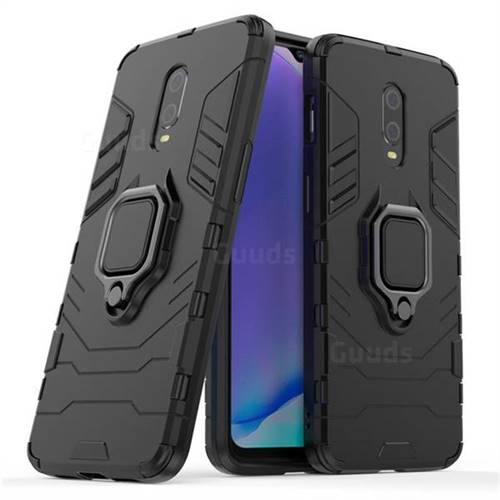 Black Panther Armor Metal Ring Grip Shockproof Dual Layer Rugged Hard Cover for OnePlus 7 - Black