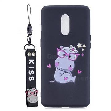 Black Flower Hippo Soft Kiss Candy Hand Strap Silicone Case for OnePlus 7