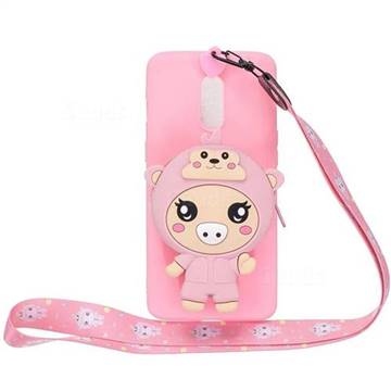 Pink Pig Neck Lanyard Zipper Wallet Silicone Case for OnePlus 7