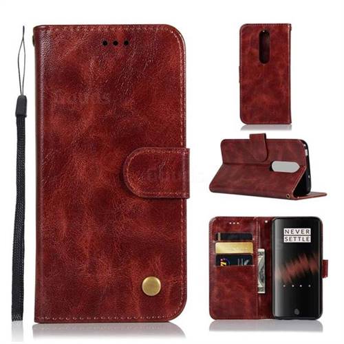 Luxury Retro Leather Wallet Case for OnePlus 7 - Wine Red