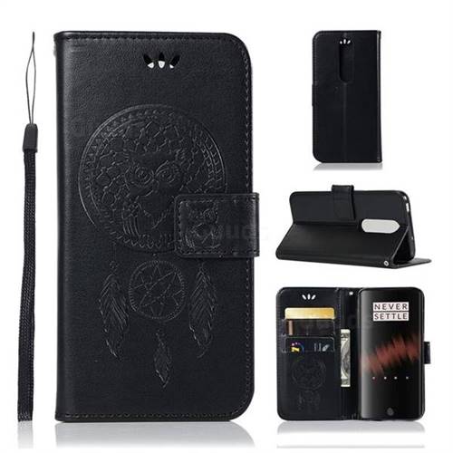 Intricate Embossing Owl Campanula Leather Wallet Case for OnePlus 7 - Black