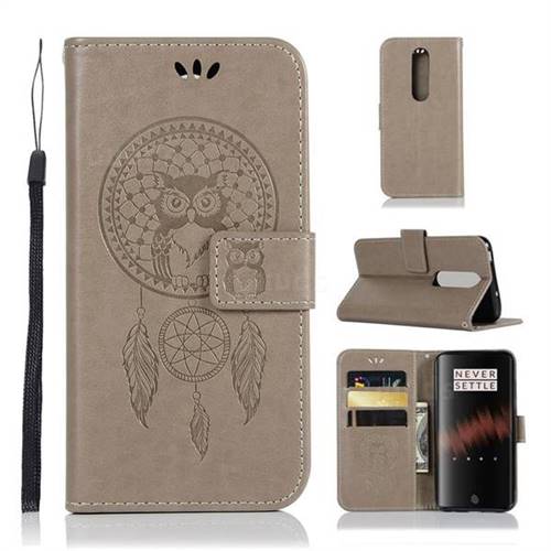 Intricate Embossing Owl Campanula Leather Wallet Case for OnePlus 7 - Grey