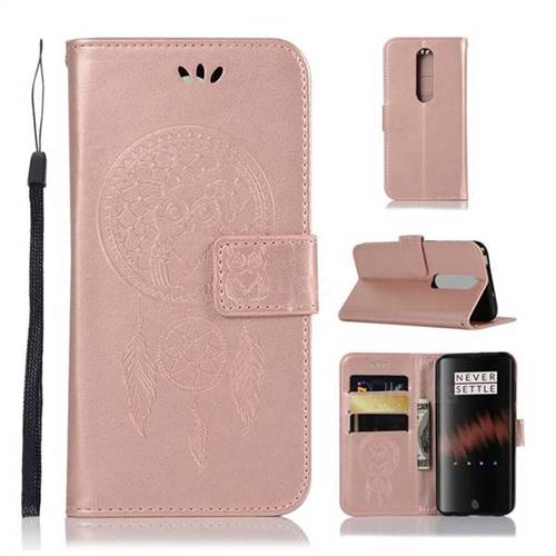 Intricate Embossing Owl Campanula Leather Wallet Case for OnePlus 7 - Rose Gold