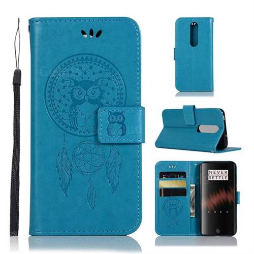 Intricate Embossing Owl Campanula Leather Wallet Case for OnePlus 7 - Blue