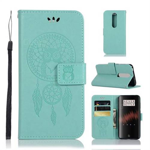 Intricate Embossing Owl Campanula Leather Wallet Case for OnePlus 7 - Green