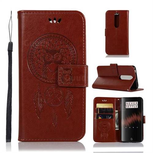 Intricate Embossing Owl Campanula Leather Wallet Case for OnePlus 7 - Brown