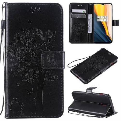 Embossing Butterfly Tree Leather Wallet Case for OnePlus 7 - Black