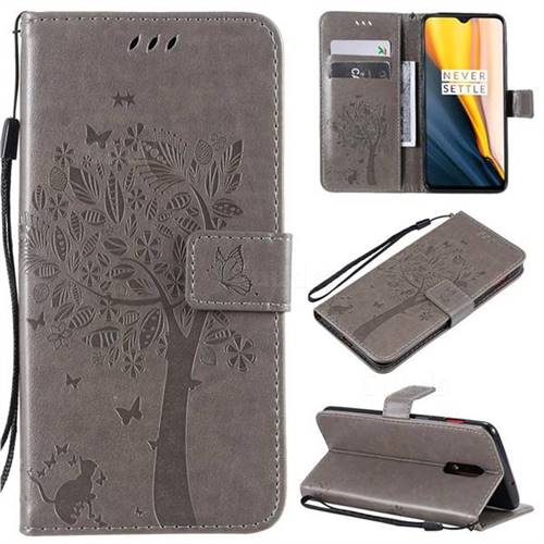 Embossing Butterfly Tree Leather Wallet Case for OnePlus 7 - Grey