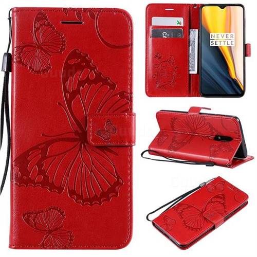 Embossing 3D Butterfly Leather Wallet Case for OnePlus 7 - Red