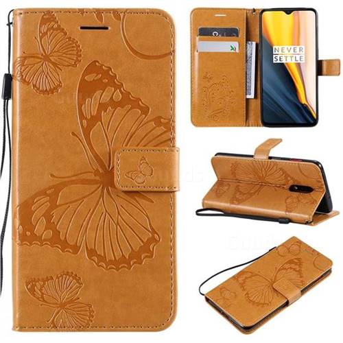 Embossing 3D Butterfly Leather Wallet Case for OnePlus 7 - Yellow