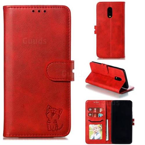 Embossing Happy Cat Leather Wallet Case for OnePlus 7 - Red