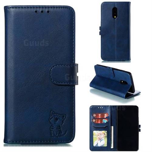 Embossing Happy Cat Leather Wallet Case for OnePlus 7 - Blue