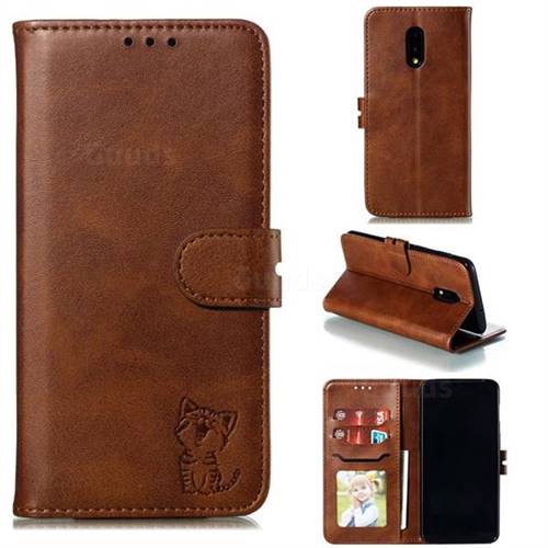 Embossing Happy Cat Leather Wallet Case for OnePlus 7 - Brown