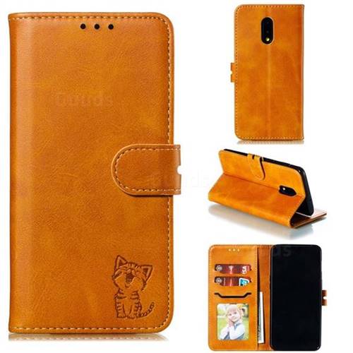 Embossing Happy Cat Leather Wallet Case for OnePlus 7 - Yellow