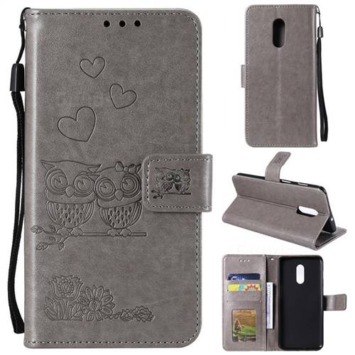Embossing Owl Couple Flower Leather Wallet Case for OnePlus 7 - Gray
