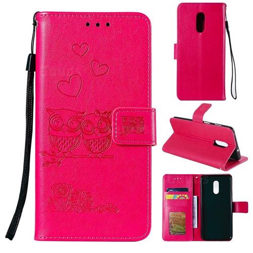 Embossing Owl Couple Flower Leather Wallet Case for OnePlus 7 - Red