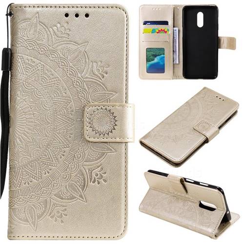Intricate Embossing Datura Leather Wallet Case for OnePlus 7 - Golden