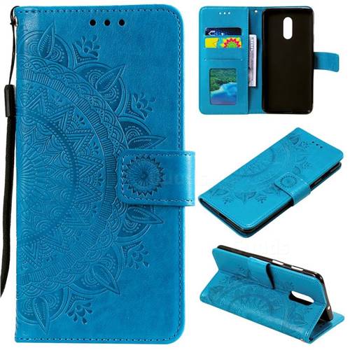 Intricate Embossing Datura Leather Wallet Case for OnePlus 7 - Blue