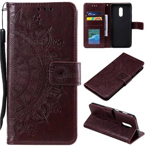 Intricate Embossing Datura Leather Wallet Case for OnePlus 7 - Brown