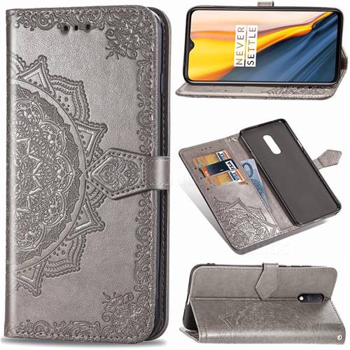 Embossing Imprint Mandala Flower Leather Wallet Case for OnePlus 7 - Gray