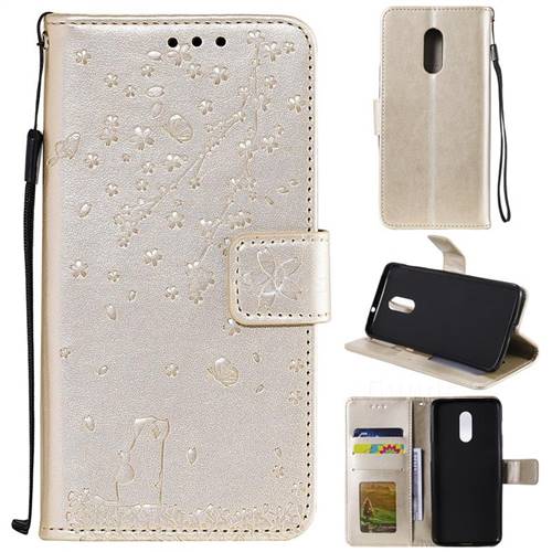 Embossing Cherry Blossom Cat Leather Wallet Case for OnePlus 7 - Golden