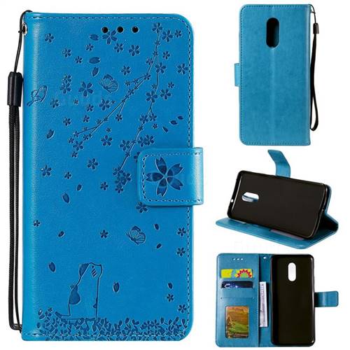 Embossing Cherry Blossom Cat Leather Wallet Case for OnePlus 7 - Blue