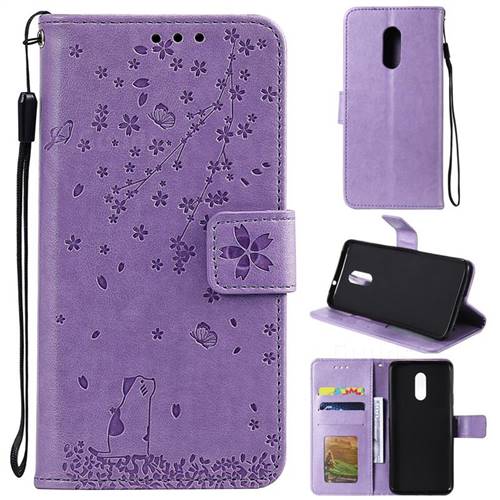 Embossing Cherry Blossom Cat Leather Wallet Case for OnePlus 7 - Purple