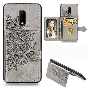 Mandala Flower Cloth Multifunction Stand Card Leather Phone Case for OnePlus 7 - Gray
