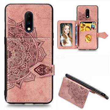 Mandala Flower Cloth Multifunction Stand Card Leather Phone Case for OnePlus 7 - Rose Gold