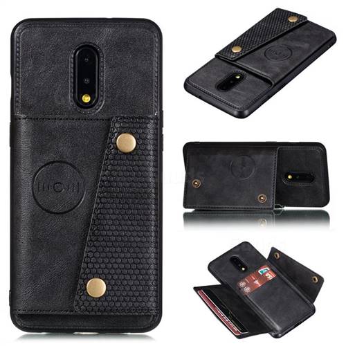 Retro Multifunction Card Slots Stand Leather Coated Phone Back Cover for OnePlus 7 - Black