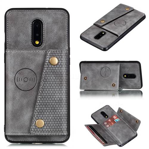 Retro Multifunction Card Slots Stand Leather Coated Phone Back Cover for OnePlus 7 - Gray