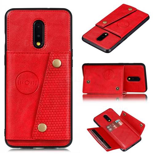 Retro Multifunction Card Slots Stand Leather Coated Phone Back Cover for OnePlus 7 - Red