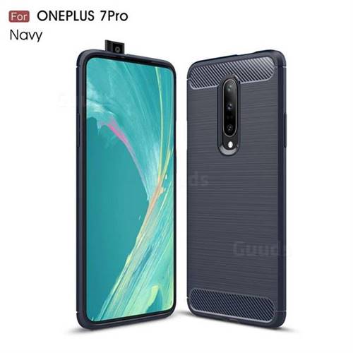 Luxury Carbon Fiber Brushed Wire Drawing Silicone TPU Back Cover for OnePlus 7 Pro - Navy