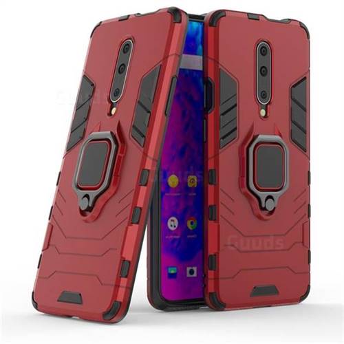 Black Panther Armor Metal Ring Grip Shockproof Dual Layer Rugged Hard Cover for OnePlus 7 Pro - Red