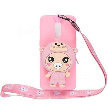 Pink Pig Neck Lanyard Zipper Wallet Silicone Case for OnePlus 7 Pro