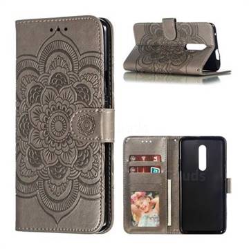 Intricate Embossing Datura Solar Leather Wallet Case for OnePlus 7 Pro - Gray