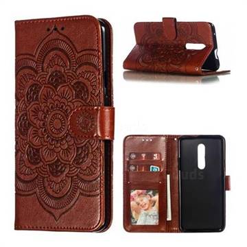 Intricate Embossing Datura Solar Leather Wallet Case for OnePlus 7 Pro - Brown