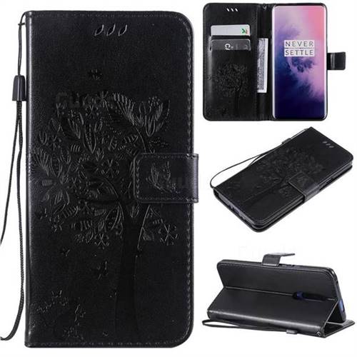 Embossing Butterfly Tree Leather Wallet Case for OnePlus 7 Pro - Black