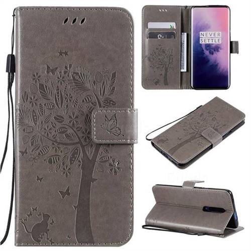 Embossing Butterfly Tree Leather Wallet Case for OnePlus 7 Pro - Grey